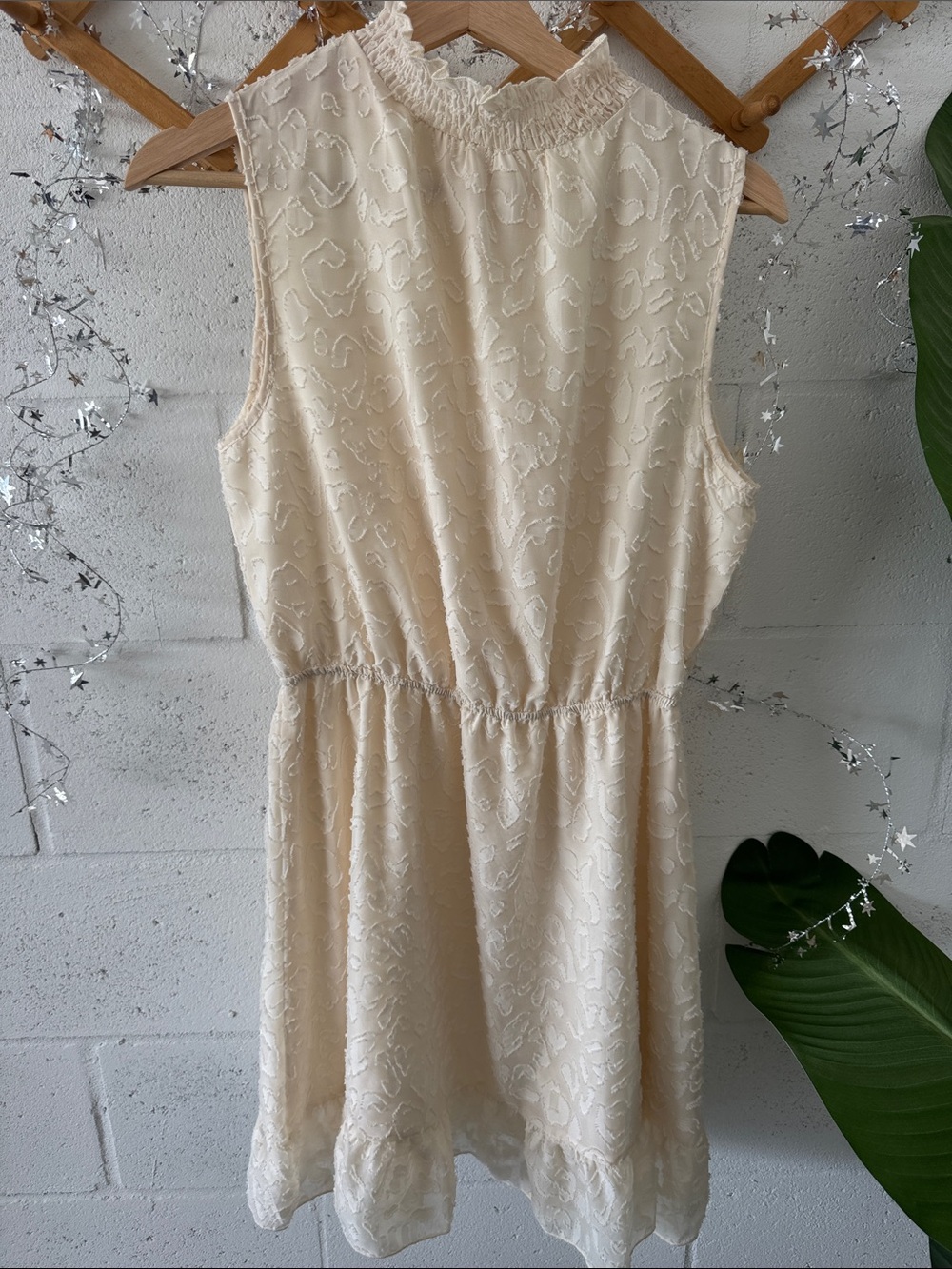 Smocked mock neck cream flowy dress